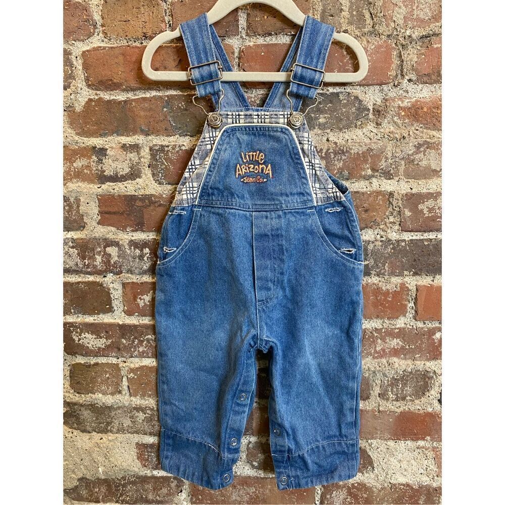 Little Arizona Jeans Co Blue Jean Denim Plaid Print Trim and Rolled Cuff Bib Ove